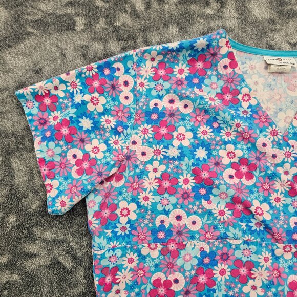 Ready 2 Wear Medical Scrub top womens large blue pink floral print nurse SS - Picture 7 of 15